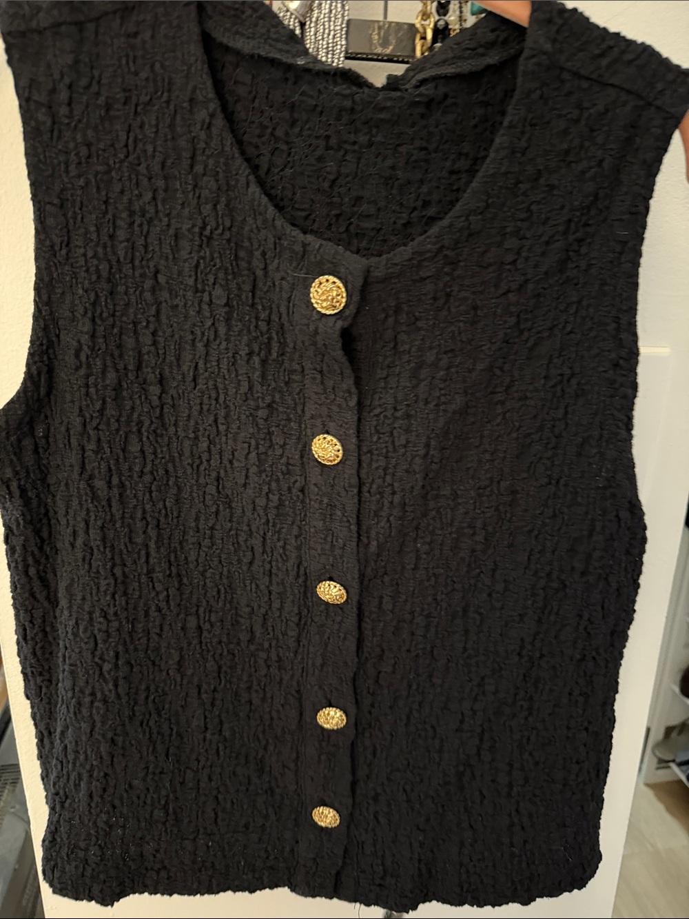 Black Textured Sleeveless Button Front Top with Gold Buttons